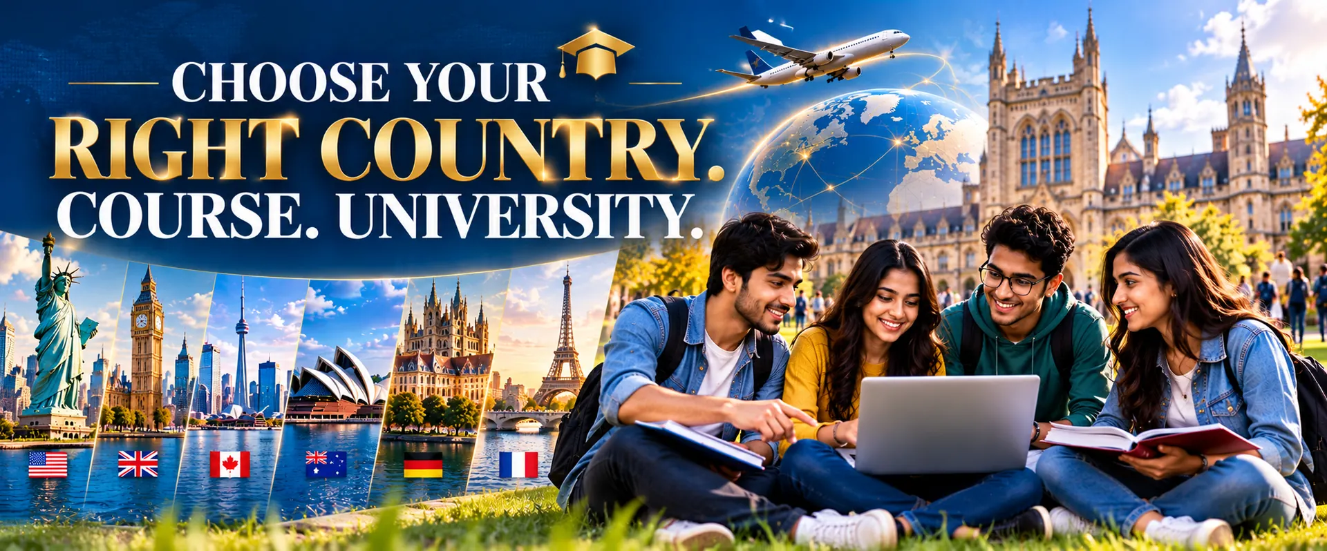 Choose your right country, course and university: Indian students researching universities on a laptop on campus