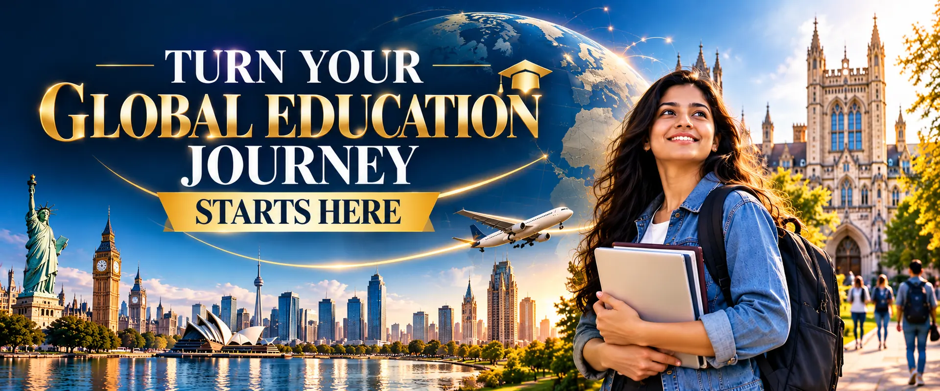 Turn your global education journey starts here: Indian student on an international university campus with world landmarks and a globe