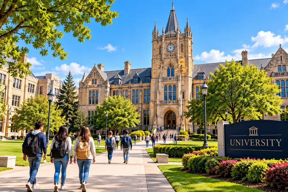 Students walking toward a historic university building on a sunny campus