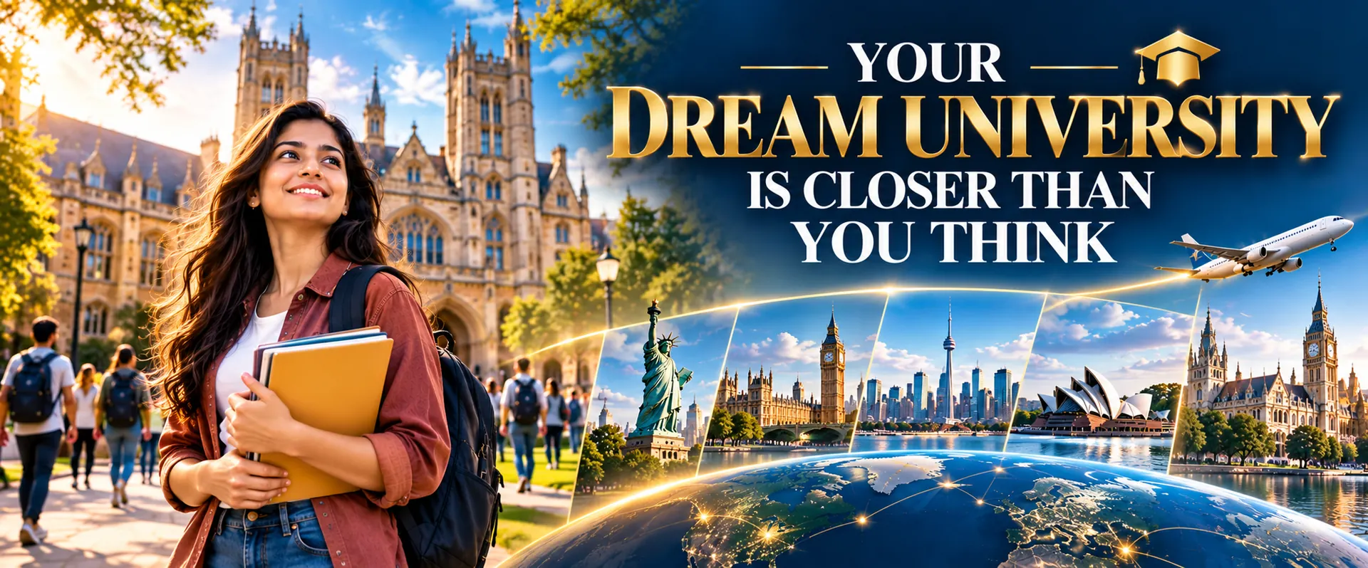 Your dream university is closer than you think: Indian student on a historic university campus with landmarks from study destinations