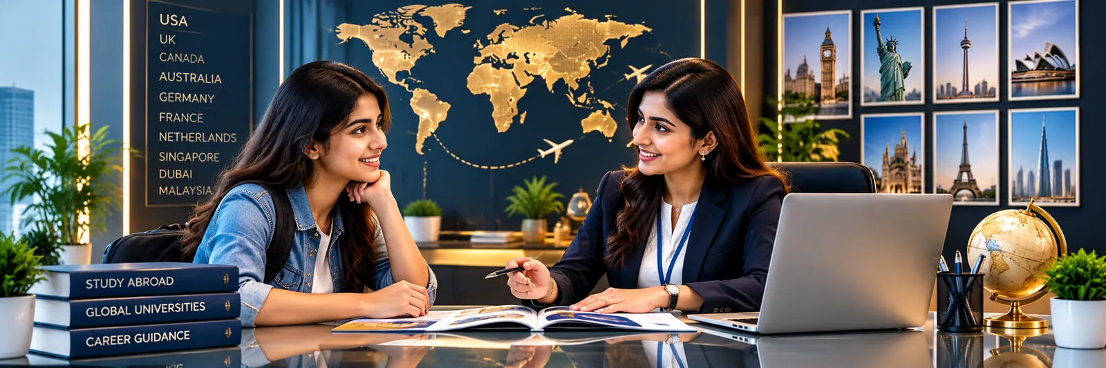 Indian student and overseas education counsellor discussing study destinations in a modern counselling office